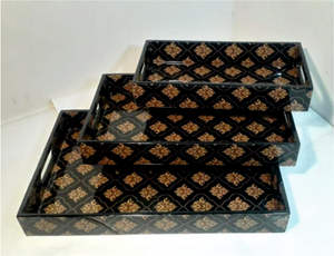 Handmade <b>Black</b> Printed Wooden MDF <b>Tray</b> Set of 3 Glossy Finish <b>Decorative</b> for Hotels and Restaurants - Product Image 3