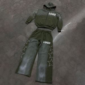 Survêtements de haute qualité avec strass et broderie, ensemble de survêtements avec fermeture éclair et effet soleil, impression baggy 100% coton, logo personnalisé pour hommes - Product Image 2