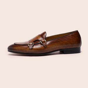 Mocassini Formali da <span class=keywords><strong>Uomo</strong></span> in Vera Pelle di Vacchetta, <span class=keywords><strong>Scarpe</strong></span> in Pelle con Doppia Fibbia Monk Strap, Realizzate a Mano con Processo di Invecchiamento - Product Image 1
