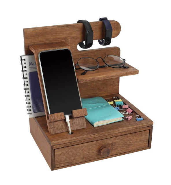 Nightstand Organizer Wood Phone Docking Station Birthday Gifts for Men Gifts for Dad Husband Boyfriend CellPhone Stand Mangowood