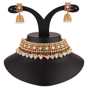Indian Wedding Jewellery Antique Faux Pearl Crystal Kundan Choker Necklace Jhumka Dangle <b>Earring</b> <b>for</b> <b>Women</b>, Pink/Mint Color - Product Image 3