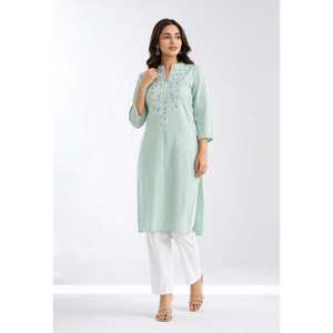 Blusa de Algodón Popelina Azul Cielo para Mujer, Bordada, Elegante, de Secado Rápido, Estilo Étnico de Verano, Rama's - Product Image 1