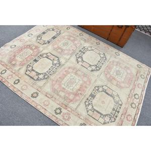 5.1x6.8 ft Vintage Rug, <b>Red</b> Check Turkish Rug <b>Wool</b> - Product Image 4