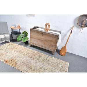 Alfombra turca de lana Beige Vintage 3,3X7,9 pies tejido plano patrón de retazos alfombra de sala de estar para adolescentes con respaldo de látex - Product Image 4