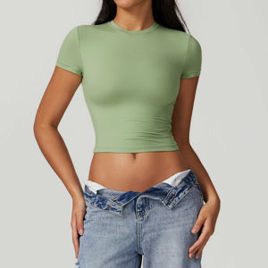 Crop top tendance minimaliste à carreaux pour femme, col rond, été, 100% coton, décontracté, doux, écologique, séchage rapide, anti-UV, tenue quotidienne - Product Image 5