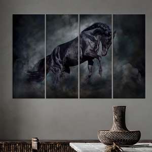 Arte en lienzo de Black Stallion: Impresión ecuestre dramática, decoración rústica para el hogar, JUEGO DE 4 LIEÑOS - Product Image 1