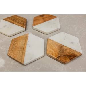 Sous-verres en noyer élégant marbre et bois de manguier hexagone sous-verre ensemble décor à la maison Accent moderne géométrique marbre bois sous-verres - Product Image 1