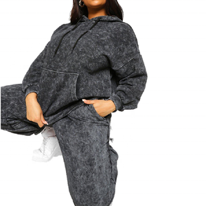 Survêtement d'hiver personnalisé en polaire lourde délavé à l'acide solide 2 pièces de haute qualité ensemble de sweat à capuche pour femmes survêtement en coton surdimensionné - Product Image 2