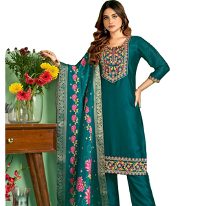 Dernière soie fantaisie avec coton broderie intérieure Quarding cou travail Kurti et pantalon avec broderie travail Dupatta - Product Image 3