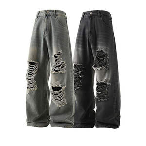 Jeans en denim délavé imprimé, style américain vintage, déchiré, coupe droite, taille mi-haute, couleur claire, pour homme, hip-hop - Product Image 1