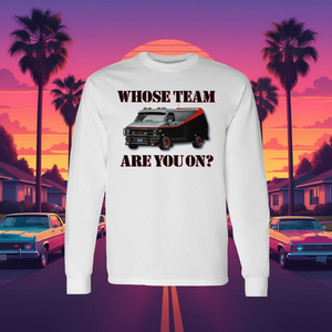 Maglietta a maniche lunghe nera con stampa “Whose Team Are You On”, icona della pop culture, abbigliamento promozionale unisex per adulti - Product Image 4