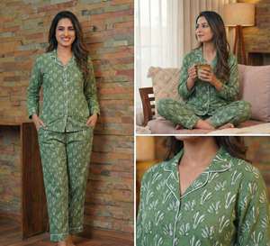 Conjunto de Pijama de Algodón 100% Puro para Mujer, Tejido en India, Cuello en V, Manga Larga, Estampado Floral, Reversible, Casual, Térmico para Invierno/Verano - Product Image 2