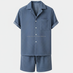 ชุดเซ็ตผู้ชายแบบสั่งทำพิเศษ - เสื้อแขนสั้นผ้าคอร์ดูรอยสีน้ำเงินและกางเกงขาสั้น ชุดลำลอง 2 ชิ้น - Product Image 1