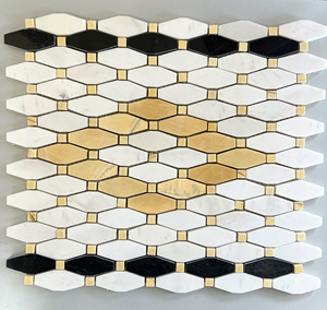 Mosaico de piedra moderno con diseño de flor de agua, pulido en blanco lechoso, con detalles en amarillo claro y negro para pared interior de baño. - Product Image 2
