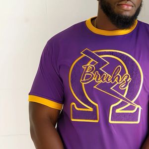 Omega Bruhz <b>Purple</b> Chenille Ringer Tee Greek Life Apparel Custom Fraternity Cotton Shirt Chenille Embroidery Wholesale - Product Image 4