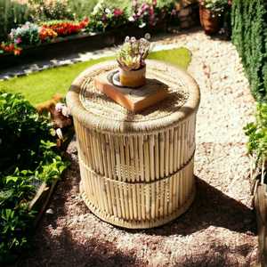 Nouveau à la mode Boho fait main rotin pouf Table ronde tabouret en bambou avec corde naturelle haut os incrustation Console utilisation extérieure - Product Image 3