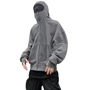 Chaqueta personalizada al por mayor de alta calidad vintage lavado con ácido de gran tamaño hombro caído chaqueta gris para hombre medio cuello cremallera sudaderas con capucha - Product Image 1