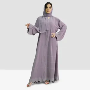 Nadia Laser Cutting Design Abaya - Lilac Colour- Nida Fabrics & Chiffon - AB Blue Shining Crystals - Matching Sheila Included