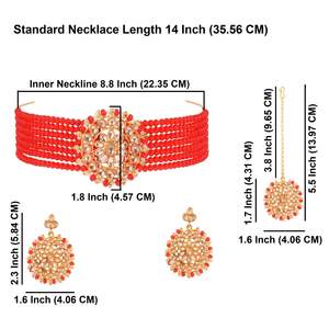 Indian Bridal Gold Plated <b>Jewellery</b> Necklace Sets Multi Layered Faux Pearl Beaded Choker Necklace Set, Red - Product Image 3