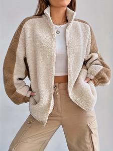 Sweat-shirts à fermeture éclair en laine d'agneau tricotée pour femmes, écologiques, respirants, tendance, deux couleurs, automne-hiver, couleur contrastée - Product Image 4