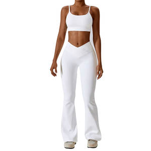 Ensemble de yoga actif extensible 2 pièces, soutien-gorge de sport et pantalon de yoga évasé, haute élasticité, respirant, vêtements de sport actifs pour l'entraînement - Product Image 1