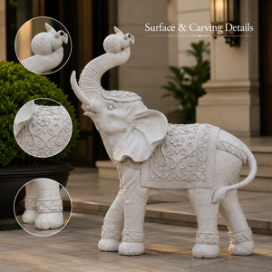 Statua di <span class=keywords><strong>Elefante</strong></span> in Resina Bianca Personalizzata con Tronco Sollevato e Coperta Intagliata per Decorazione di Casa, Hotel e Villa - Product Image 4