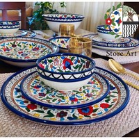 Service de table en céramique et porcelaine artisanale Kraft World, pièces personnalisées, peintes à la main, bleu marine et turquoise, écologique