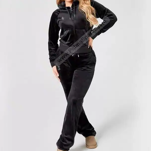 Traje de terciopelo personalizado para mujer, informal, con patrón sólido, de secado rápido, transpirable, 100% algodón, diamantes de imitación, de 2 piezas conjunto largo, chándales - Product Image 5