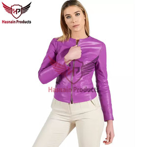 Womens Real Purple <b>Leather</b> <b>Jacket</b> Collarless Crew Neck Sheepskin Coat Zipper Front Side Pockets Slim Fit Custom Outwear New Look - Product Image 5