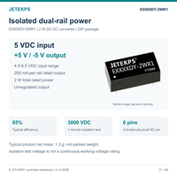 Convertisseur DC-DC isolé E0505DY-2WR1 avec sorties +/-5V, 2W, entrée 5V, 200mA par rail