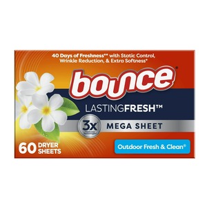 Bounce Lasting Fresh Mega Dryer Sheets, 60 Ct, hojas suavizantes de telas frescas y limpias para exteriores - Product Image 1
