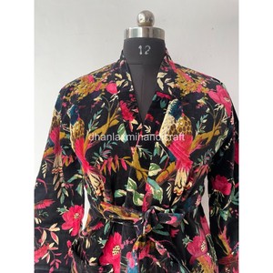 แจ็กเก็ตพิมพ์ลายนกผ้ากำมะหยี่, เสื้อโค้ทกิโมโนทำมือโค้ทซับในโบฮีเมียนโค้ทฤดูหนาวสไตล์อินเดีย - Product Image 6