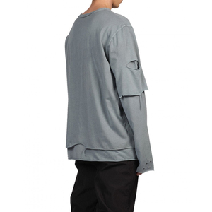 Logo personnalisé taille 100% coton double manches goutte épaule surdimensionné long double couche T-Shirt tissu tricoté personnalisé - Product Image 4