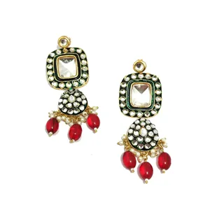 Boucles d'oreilles pour filles en perles rouges Polki Kundan - Product Image 2