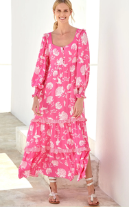 Vestido Largo Casual con Estampado Floral Rosa Claro, Mangas Abullonadas Largas, Estampado hasta la Rodilla, con Cinturón - Product Image 2