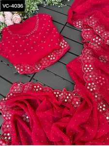 Saree en georgette le plus beau pour les fêtes Vêtements indiens et pakistanais pour femmes avec chemisier attaché Swarovski Work Sari - Product Image 5