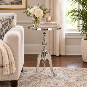 Luxury Silver Round Side <b>Table</b> Classic Aluminium Tripod <b>End</b> <b>Table</b> Decorative Metal Accent Drinks <b>Table</b> for Living Room - Product Image 2