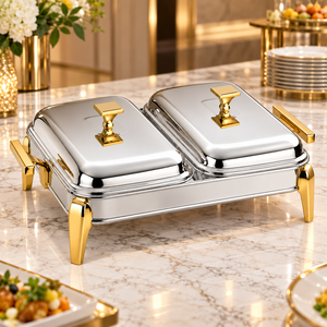 Calentador de Comida Tipo Buffet de Lujo, Doble, de Acero Inoxidable con Acabado Dorado - Product Image 2