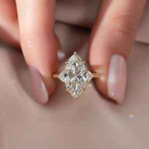 10K/14K/18K Gold Lab Created Marquise Cut Moissanite Classic Three <b>Stone</b> Customized Design Engagement <b>Ring</b> GIA Certificate - Product Image 4