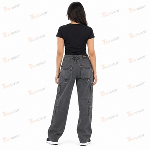 Women’s Vintage Denim Cargo <b>Pants</b> Wholesale Custom Washed Blue Cargo Jeans <b>High</b> <b>Waist</b> Baggy Wide Leg Streetwear Casual Fashion - Product Image 5
