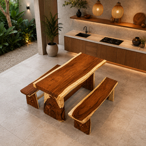 Solid Suar Wood Live Edge 3-Piece <b>Dining</b> <b>Table</b> <b>Set</b> 2 Benches Modern <b>Rustic</b> Style Premium Quality Natural Edge <b>Dining</b> Wholesale - Product Image 5