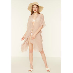 Pareo de playa con flecos en tonos tierra, caftán transparente con lazo frontal, pareo de verano, bordes enrollados a mano de primera calidad, para mujer, para piscina y playa, en stock. - Product Image 5