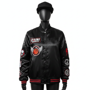 Veste en satin pour femmes 240 GSM Tissu doux et brillant Noir avec des patchs brodés Logo personnalisé Transfert thermique Vestes en satin pour femmes - Product Image 1