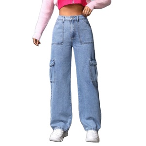 Women's High Rise Light Blue <b>Denim</b> Cargo <b>Stretch</b> Jeans 6-Pocket Clean Look Solid Eco-Friendly Durable Fabric Plating Modern Wide - Product Image 1