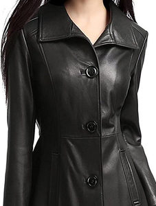Abrigo de Cuero Tipo Gabardina para Mujer, Piel de Oveja Genuina, Color Marrón, Abrigo Largo de Invierno - Product Image 1