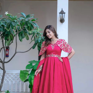 Exclusive New Traditional Wear Heavy Vichitra Silk With Embroidered Sequence Work Gown and Pant With Dupatta Collection - Product Image 1