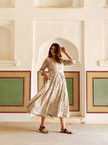 New <span class=keywords><strong>Kirana</strong></span> anarkali ăn mặc đa-vải tay khối in trắng màu be Ốp Bohemian handmade đạo đức có thể giặt tự nhiên hàng ngày - Product Image 2