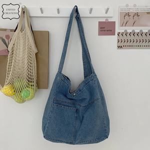 Sac fourre-tout à bandoulière en denim biologique à la mode Sac à main à provisions imprimé de logo personnalisé bon marché Sacs en toile unis vierges - Product Image 5