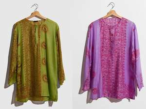 Kurta ample à manches courtes et col en V pour filles, style bohème vintage, en rayonne, imprimé floral OM, lettres paisley, taille naturelle, lavable - Product Image 2