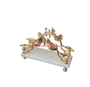 Top Golden Brass Metal <b>Napkin</b> <b>Holder</b> With Decorative Leaf Design Premium Tabletop Tissue Stand For Dining Table & Home Decor - Product Image 1